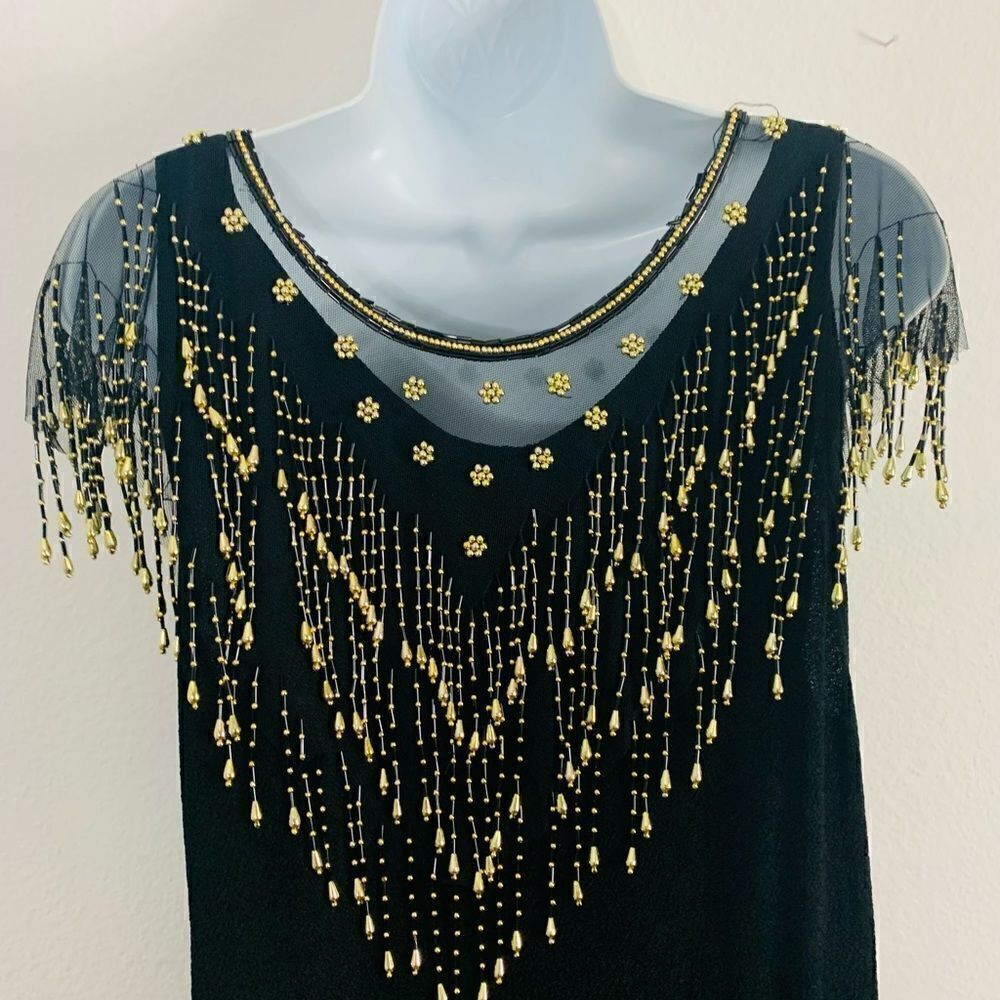 Vintage Black Christmas New Years Festive Dress w/ Gold Sheer Beaded Overlay - Picture 6 of 14